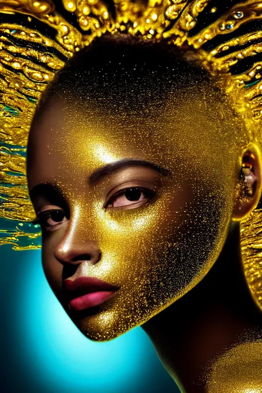 Prompt: hyperrealistic modern cinematic very expressive! profile black oshun goddess, head emerging from water, mirror dripping droplet!, gold flowers, highly detailed face, digital art masterpiece, smooth eric zener cam de leon, dynamic pearlescent teal light, low angle uhd 8 k, sharp focus