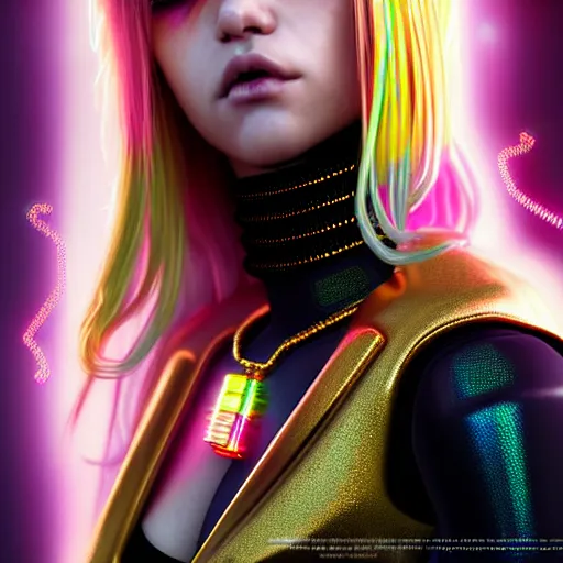 Image similar to hyperdetailed portrait of a stunningly beautiful cyberpunk cutie with blonde hair guard made of iridescent metals and shiny pink gems, bright rainbow nimbus, gold necklace, gold background inspired by ross tran and masamune shirow and kuvshinov, intricate, photorealistic, octane render, rtx, hdr, unreal engine, dnd digital art by artgerm