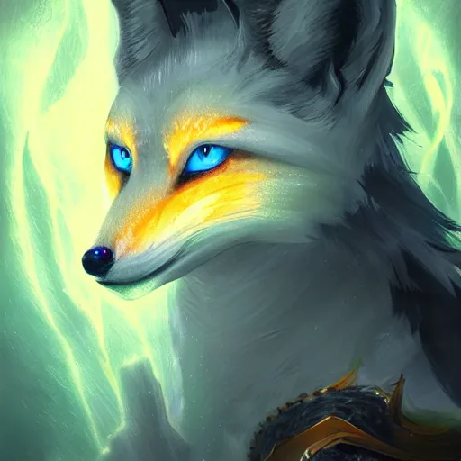 Image similar to a painted avatar portrait of an awesome powerful humanoid kitsune fox mage themed around life and death, in the style of dnd beyond avatar portraits, beautiful, artistic, elegant, lens flare, magical, lens flare, nature, realism, stylized