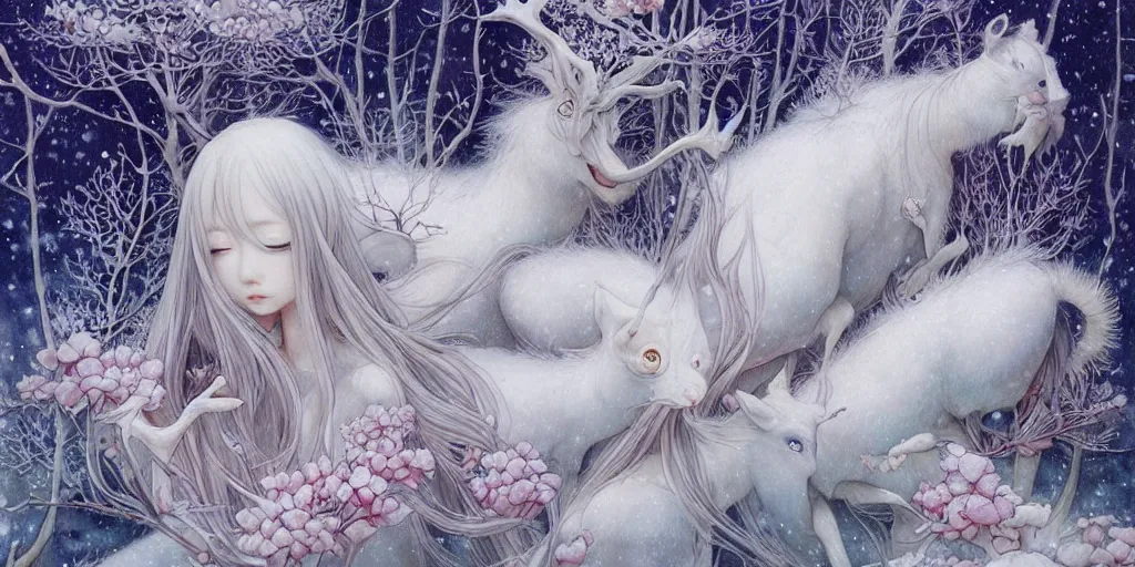 Image similar to breathtaking delicate detailed concept art winter creatures, by miho hirano, bizarre compositions, exquisite detail, pastel colors, 8 k