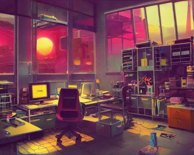 Image similar to IKEA catalogue photo of a cyberpunk office, by Paul Lehr