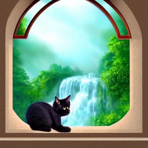 Prompt: a beautiful landscape including a waterfall and a forest through a window, cat sitting on the edge of the window, illustration, digital art, trending on artstation, no signature