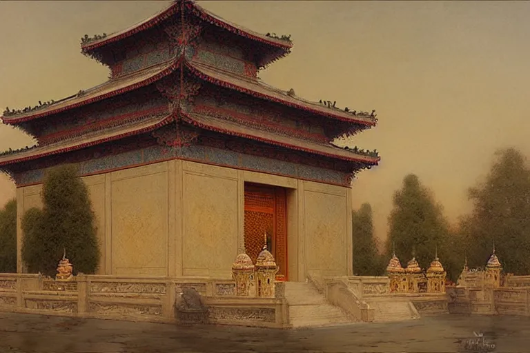 Image similar to mausoleum, buddhism, tang dynasty, painting by gaston bussiere, greg rutkowski