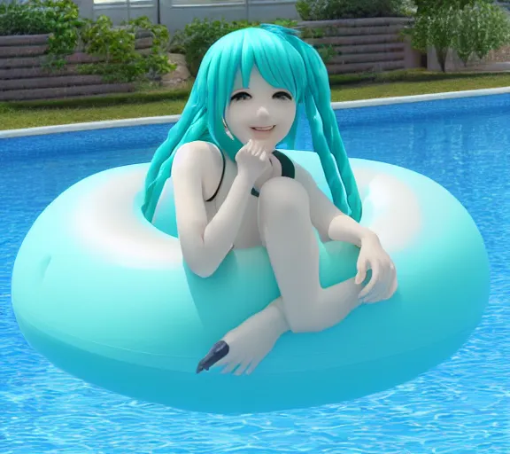 Prompt: 3D render of Hatsune Miku in a duck shaped pool float