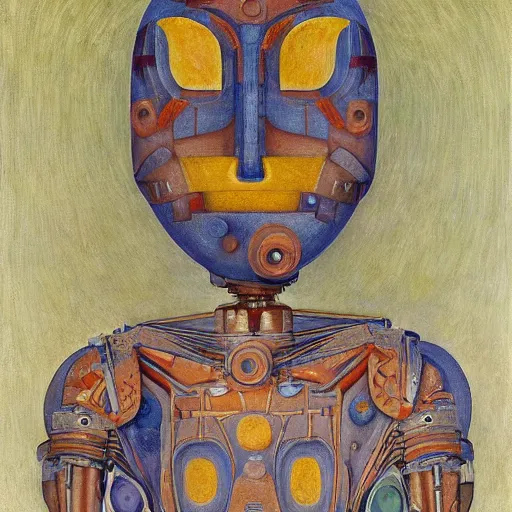 Image similar to portrait of a robot wearing a facemask made of flowers, by annie swynnerton and jean delville and rufino tamayo and edward hopper and evelyn de morgan, art deco flower shaman, art brut, outsider art, symbolist, dramatic lighting, god rays, elaborate geometric ornament, clean crisp graphics, smooth sharp focus, extremely detailed, adolf wolfli