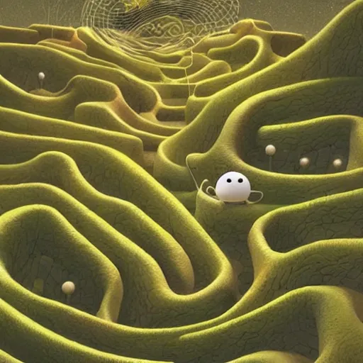 Prompt: An anthill inside, with all the labyrinths, ilustration art by Goro Fujita