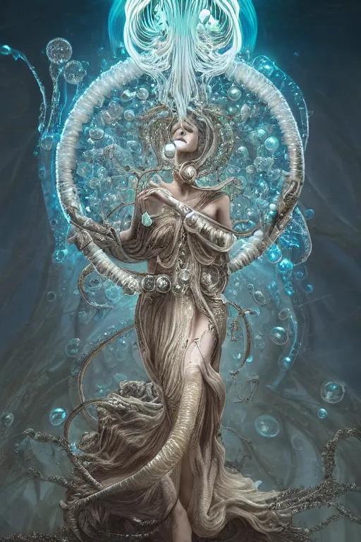 Prompt: a centered render of an alluring post apocalyptic goddess with wearing ornate silver and gemstones and crystal clothing surrounded by flowing liquid gallium jellyfish and sacred geometry, perfect body and face, gorgeous, cinematic, beautifully lit, by tomasz alen kopera and peter mohrbacher and craig mullins, 3 d, trending on artstation, octane render, 8 k