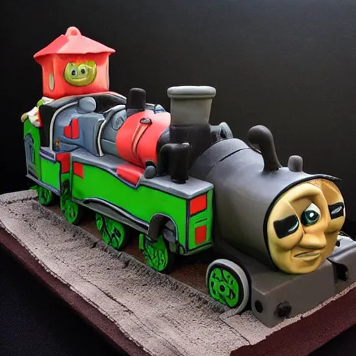 Image similar to zombie apocalypse thomas the tank engine clay sculpture, ominous, monster, spikes