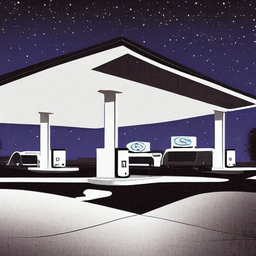 Image similar to a gas station at night by emiliano ponzi