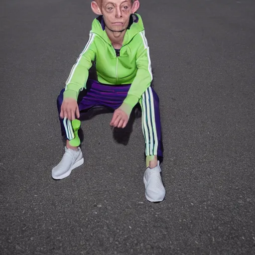 Image similar to gollum - faced kid in adidas tracksuit smokes cigarette