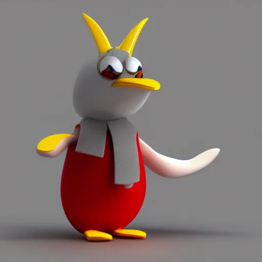 Image similar to 3 d model of a red penguin with horns wearing a belt, blender render, fully in frame