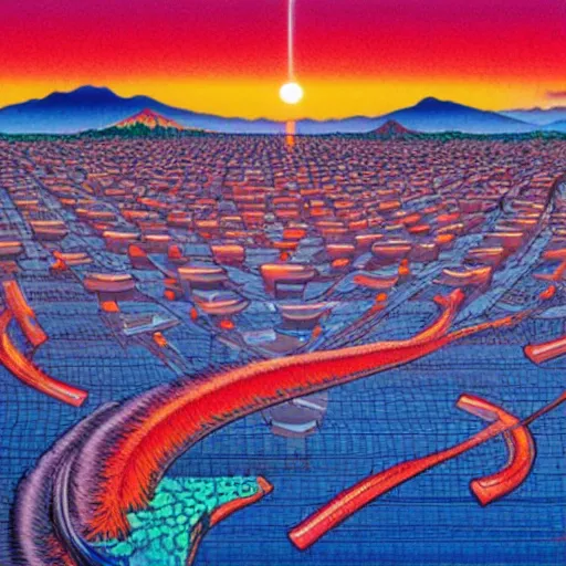 Image similar to colorful illustration of japan sunset, by hajime sorayama and hasui kawase and junji ito