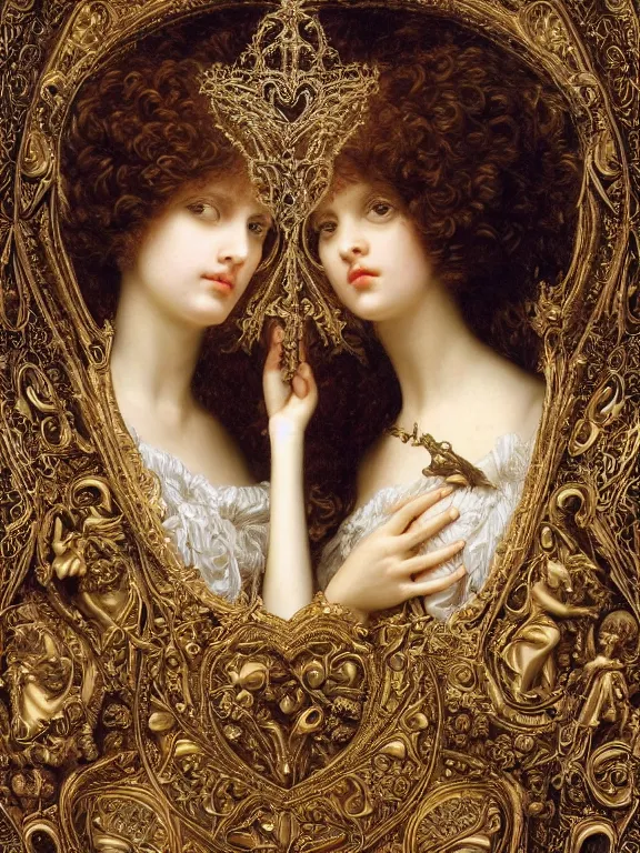 Image similar to a beautiful render of two baroque catholic veiled queen with symmetry intricate detailed heart,sculpture,pray,love,by Maria Mirage,Lawrence Alma-Tadema,peter gric,aaron horkey,Billelis,trending on pinterest,hyperreal,gold,silver,ivory,maximalist,glittering,golden ratio,cinematic lighting