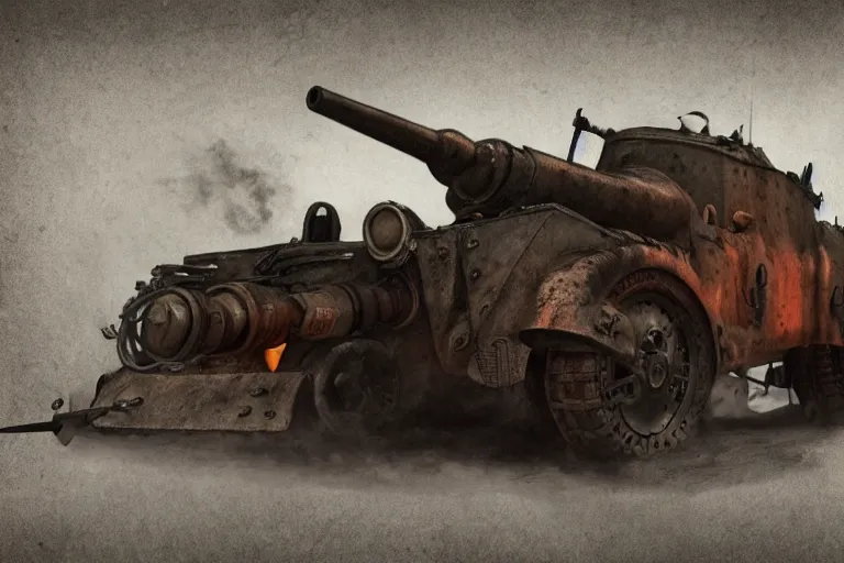 Image similar to hellfire thomas the ww 2 tank, mad max, in the style of hannes bok and doug chiang and vernon grant, trending on artstation, back lighting rear view steampunk, blueprint, muted colors, gothic, tachisme