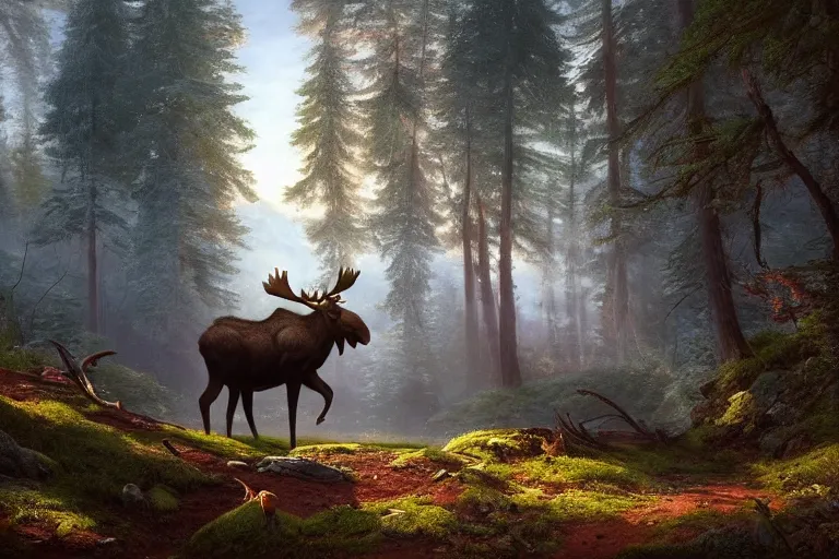 Prompt: a moose in the forest, beautiful dynamic lighting, cinematic, wide angle establishing shot, extremely high detail, photo realistic, cinematic lighting, post processed, concept art, artstation, matte painting, style by frederic church, raphael lacoste