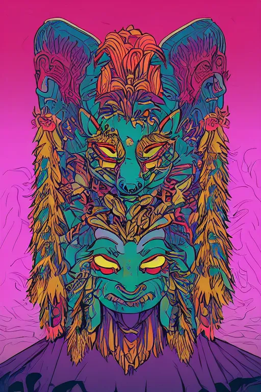 Image similar to animal mask totem roots flower tribal feather gemstone plant wood rock shaman vodoo video game vector cutout illustration vivid multicolor borderlands comics by josan gonzales and dan mumford radiating a glowing aura