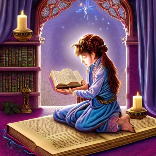 Image similar to a highly detailed fantasy pastel painting of a young wizard in ornate clothing lounging on a purpur pillow on the marble floor in front of her bookcase, studying an ancient tome. to the side is a potted plant and some blue candles. ancient oriental retrofuturistic setting. 4 k key art in the style yoshitaka amano and mark tedin