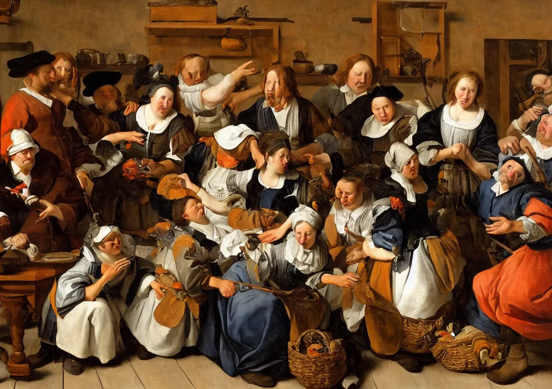 Image similar to Jan Steen. beautiful woman in the center looking at us. low ceiling, small chamber. Hyperrealistic, ultra detailed, 80mm, museum, artwork.