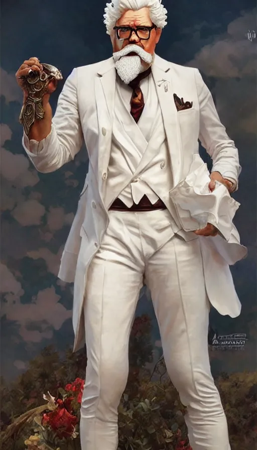 Image similar to a full body portrait of colonel sanders the greek god!! extremely beautiful, anatomically accurate, by artgerm and by greg rutkowski and by alphonse mucha and by simon bisley, radiant light, detailed and intricate environment,