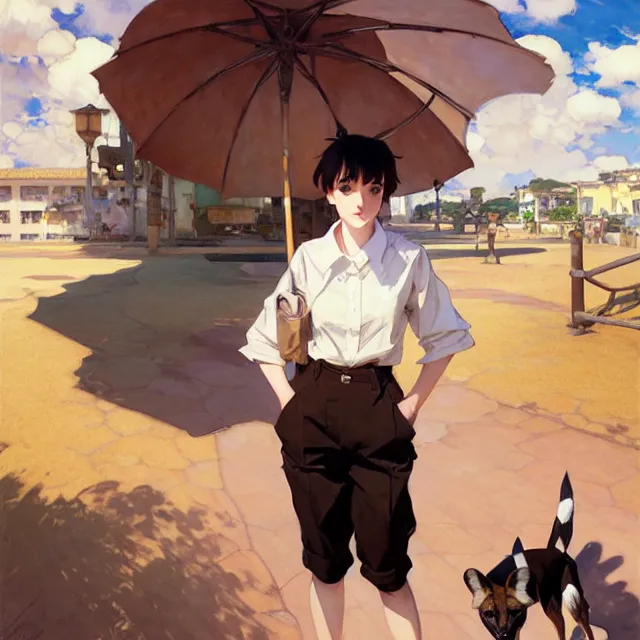 Image similar to a female character inspired by an african wild dog, flannel shirt and shorts, brown white and black short hair, basic background, krenz cushart, mucha, ghibli, by joaquin sorolla rhads leyendecker, by ohara koson