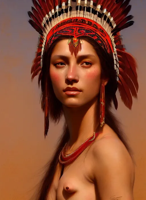 Image similar to gorgeous redskin woman wearing headdress, intricate, elegant, highly detailed, artstation, concept art, smooth, sharp focus, illustration, art by and greg rutkowski and orientalism and bouguereau