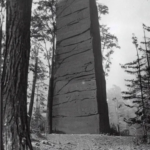 Image similar to old photograph of a giant monolith in a haunted forest