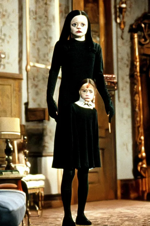 Image similar to Young Jodie Foster as Wednesday in The Addams Family movie 1991, iconic black dress, color