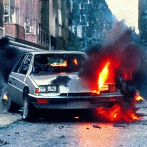 Image similar to film still, explosion of a 1980 car, in American Psycho