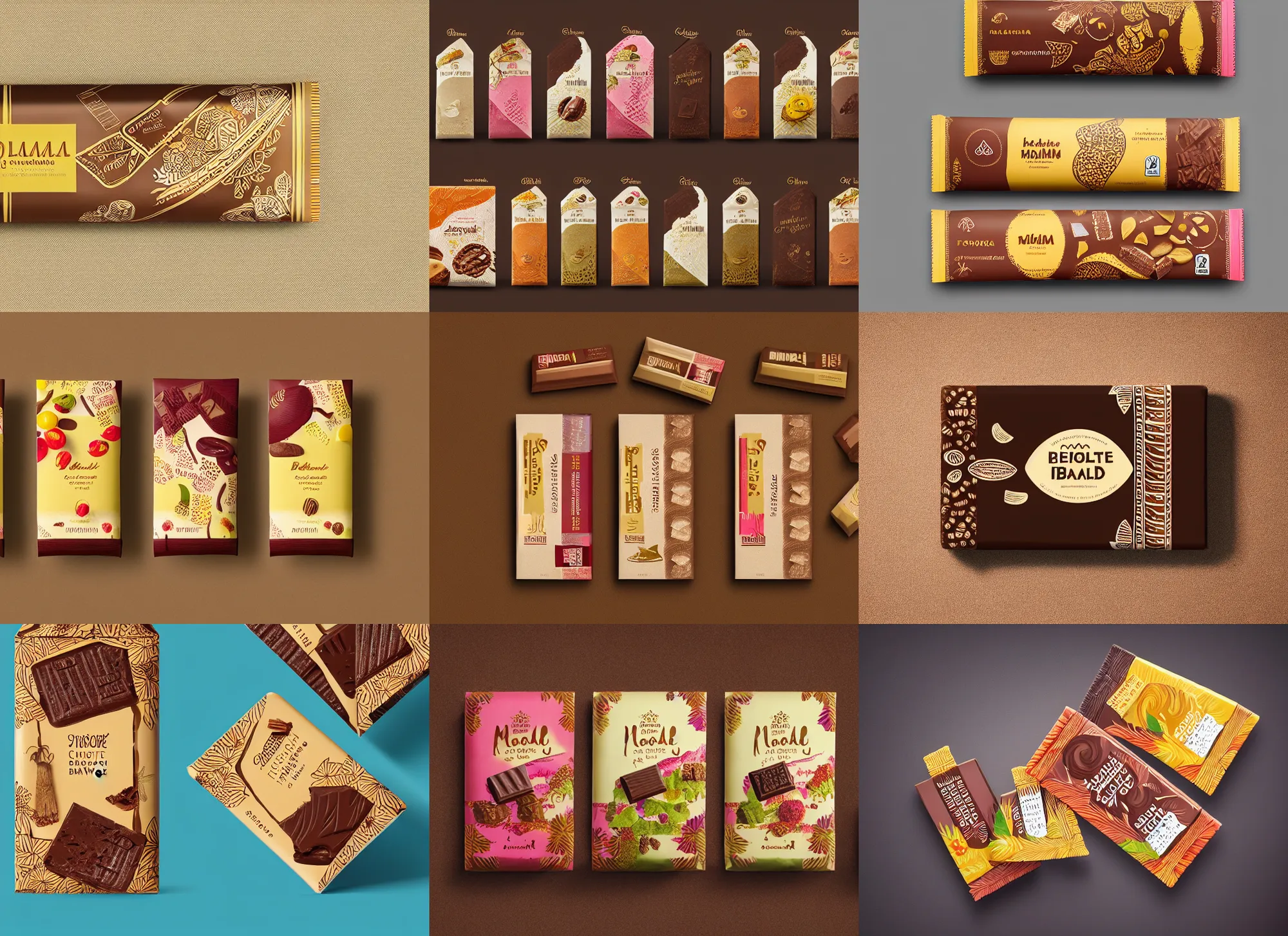 Prompt: conceptual designer chocolate bar packaging, inspired by kerala village, midsommar, label design, behance, pinterest, packaging of the world, award, front label, packaging design, octane render