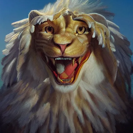 Prompt: a realistic oil painting of a winged lion's body with an eagle head, highly detailed, trending on artstation, by james gurney and michael whelan