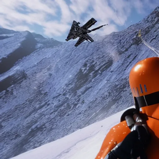 Image similar to star wars xwing pilot skiing down a mountain