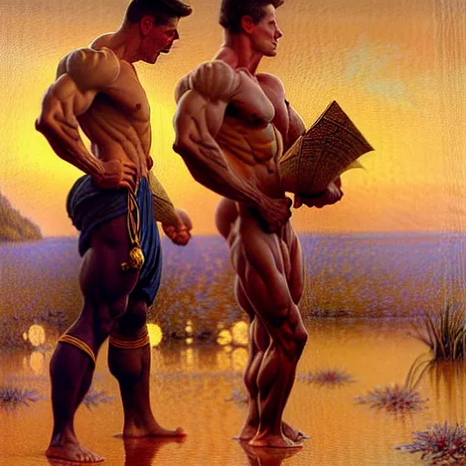 Image similar to attractive muscular mike and muscular attractive ty, drinking their hearts out, boys night out. highly detailed painting by gaston bussiere, craig mullins, j. c. leyendecker, alphonse mucha 8 k