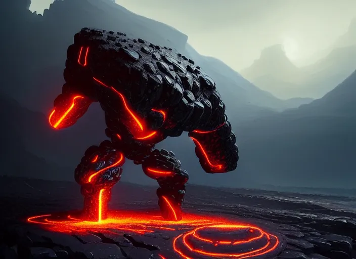 Image similar to epicly designed very muscular stone obsidian robot with human body fighting a deadly beast made from lava with background by greg rutkowski, trending on artstation