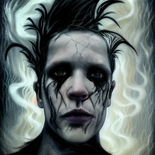 Image similar to stunning portrait of gaunt daniel ash a ( the cure fan ) as dream from sandman, dim stars as eyes, by jeremy mann, by cedric peyravernay, by by russ mills, by richard avedon and ben templesmith, dramatic lightning, sadness, dark eye sockets, in the shadows, punk rock, gothic, high detailed, 8 k