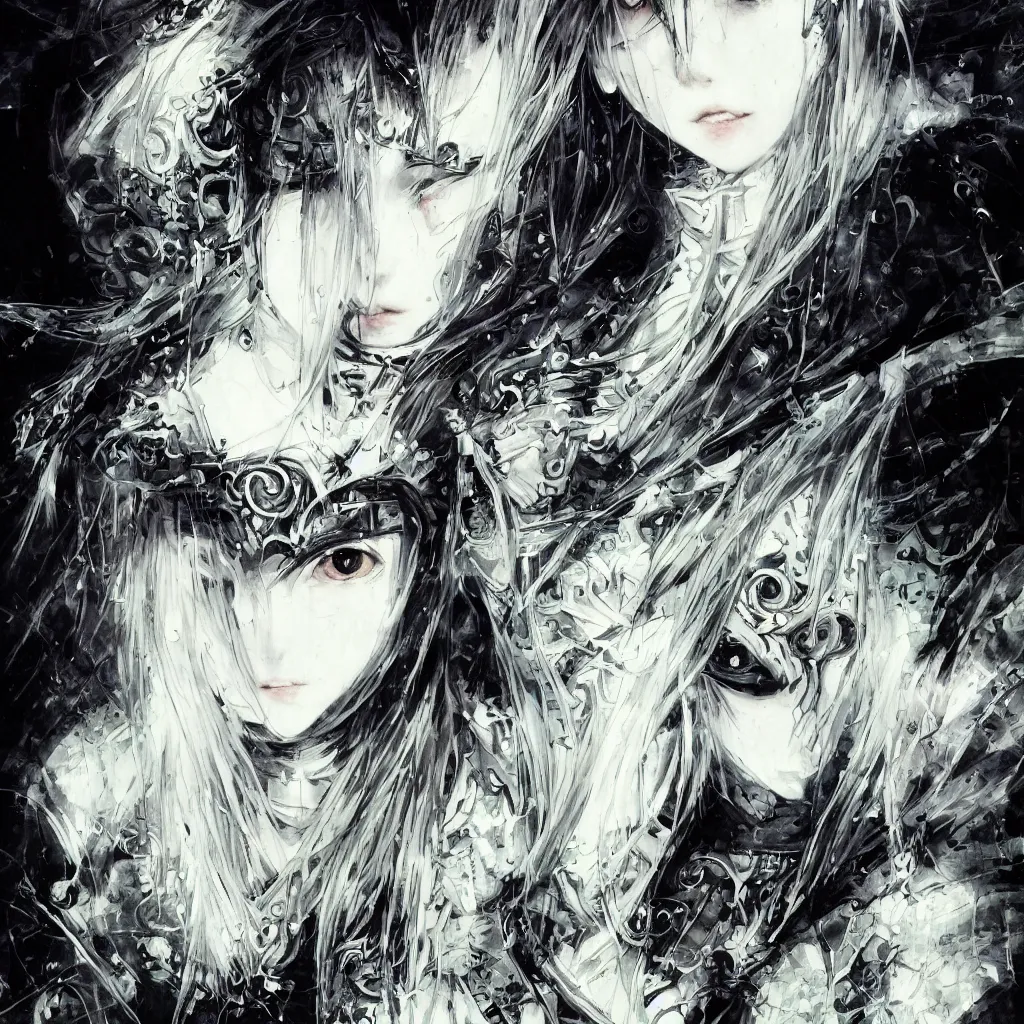 Image similar to Yoshitaka Amano blurred and dreamy illustration of an anime girl with pirate eye patch, wavy white hair and cracks on her face wearing Elden ring armour with the cape fluttering in the wind, abstract black and white patterns on the background, noisy film grain effect, highly detailed, Renaissance oil painting, weird portrait angle