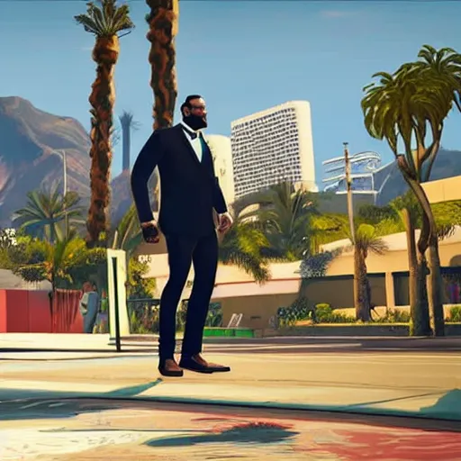 Image similar to Lebron James wearing a suit in GTA V . Los Santos in background, palm trees. in the art style of Stephen Bliss