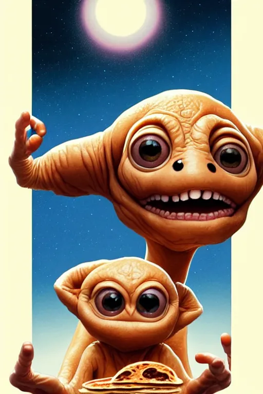 Image similar to et from spielberg making pancakes, animation pixar style, by pendleton ward, magali villeneuve, artgerm, rob rey and kentaro miura style, golden ratio, trending on art station