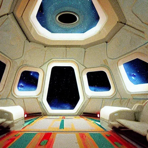 Image similar to A Wes Anderson style interior of a space ship from 2001: A Space Odyssey