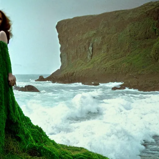 Image similar to 1 9 7 0's artistic italian western film in color, a woman in a giant billowy wide flowing waving dress made out of sea foam, standing inside a green mossy irish rocky scenic landscape, crashing waves and sea foam, volumetric lighting, backlit, moody, atmospheric