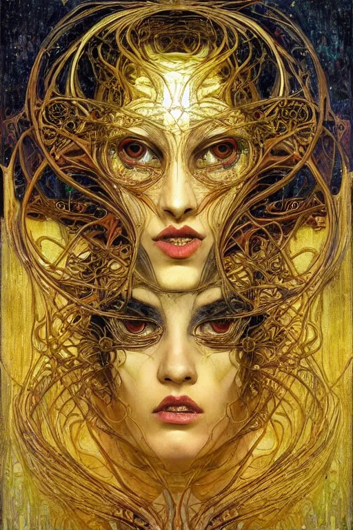 Image similar to Intermittent Chance of Chaos Muse by Karol Bak, Jean Deville, Gustav Klimt, and Vincent Van Gogh, beautiful surreal face portrait, enigma, destiny, fate, inspiration, muse, otherworldly, fractal structures, arcane, ornate gilded medieval icon, third eye, spirals