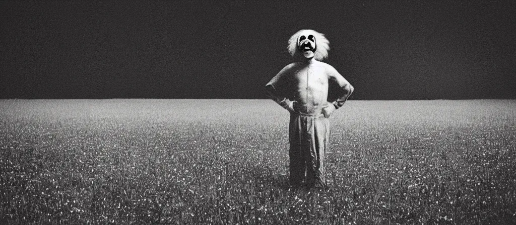 Image similar to circa 2 0 0 2 1 3 mm color film photograph of a clown in a field, liminal, dark pitch black, flash on, blurry, grainy, unsettling