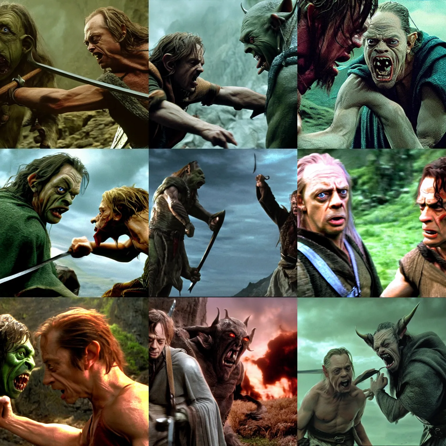 Prompt: film still of Steve Buscemi fighting an orc in Lord of the Rings, 4k