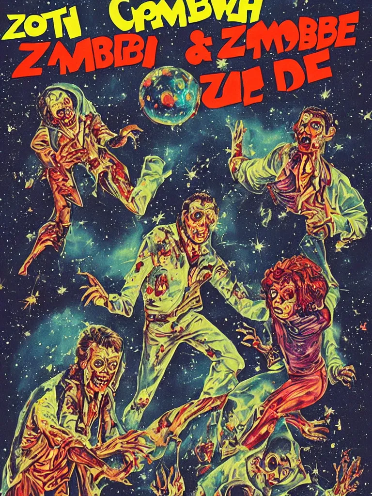 Prompt: movie poster, zombie and disco ball in space, 1970s style, very detailed, text says: Wrath of the Space Disco Zombies