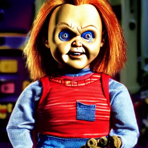 Image similar to Chucky the killer doll from the movie Child's Play being held by Mr. Rogers 8k hdr