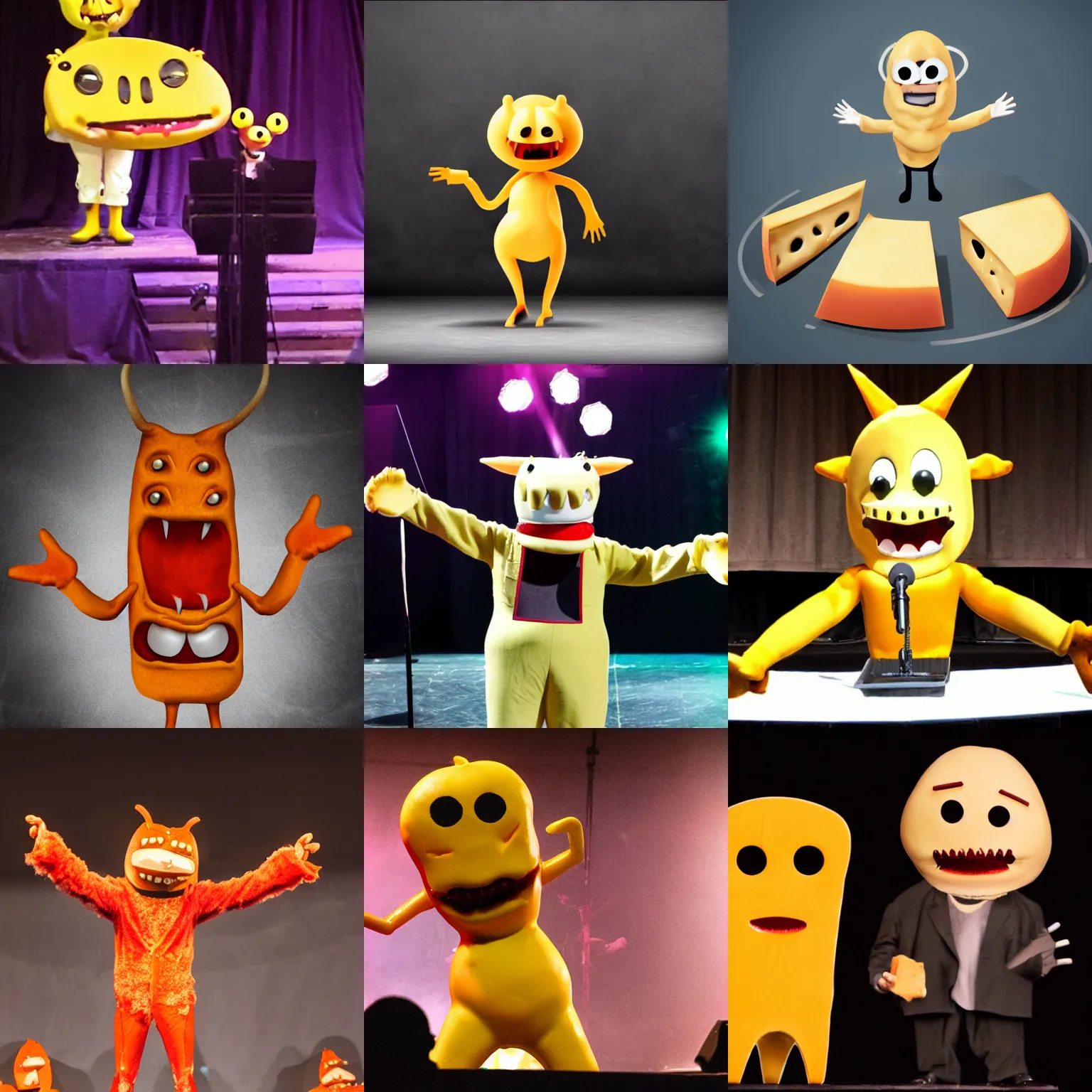 Prompt: photo of anthropomorphic cheese on stage, demonic, hell