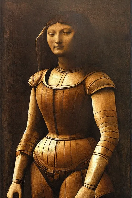 Prompt: large and strong woman wearing a mechanical armor | Leonardo Da Vinci |