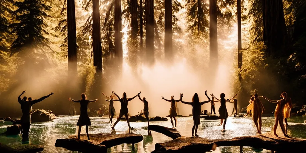 Prompt: people dancing in a waterfall lagoon surrounded by redwood trees during golden hour by sapna reddy & dustin lefevre, cinematic forest lighting, hyperdetailed, in volumetric soft glowing mist, elegant pose, movie still, real life landscape