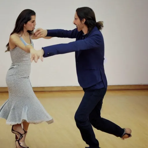 Prompt: pablo iglesias turrion and isabel diaz ayuso dancing