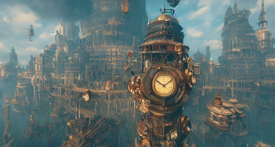 Image similar to floating steampunk city in the sky, bioshock, intricate artwork by tooth wu and wlop and beeple, octane render, hyper realism, 8 k