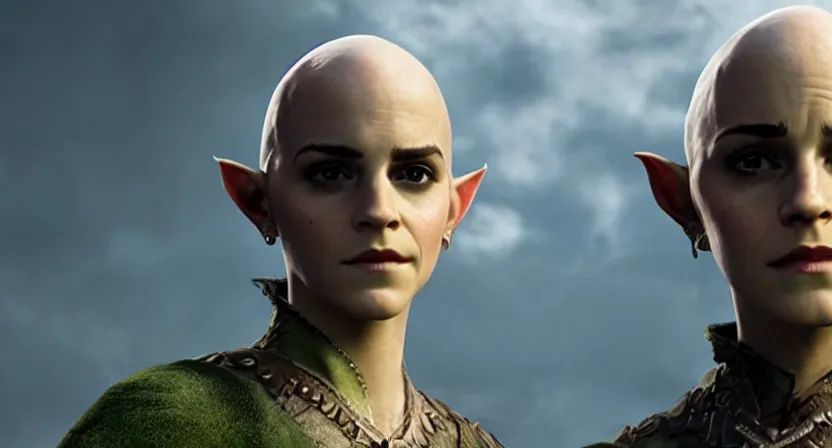 Prompt: promotional image of emma watson as a bald elf in dragon age : inquisition, hyperrealistic, detailed face, movie still, promotional image, imax 7 0 mm footage